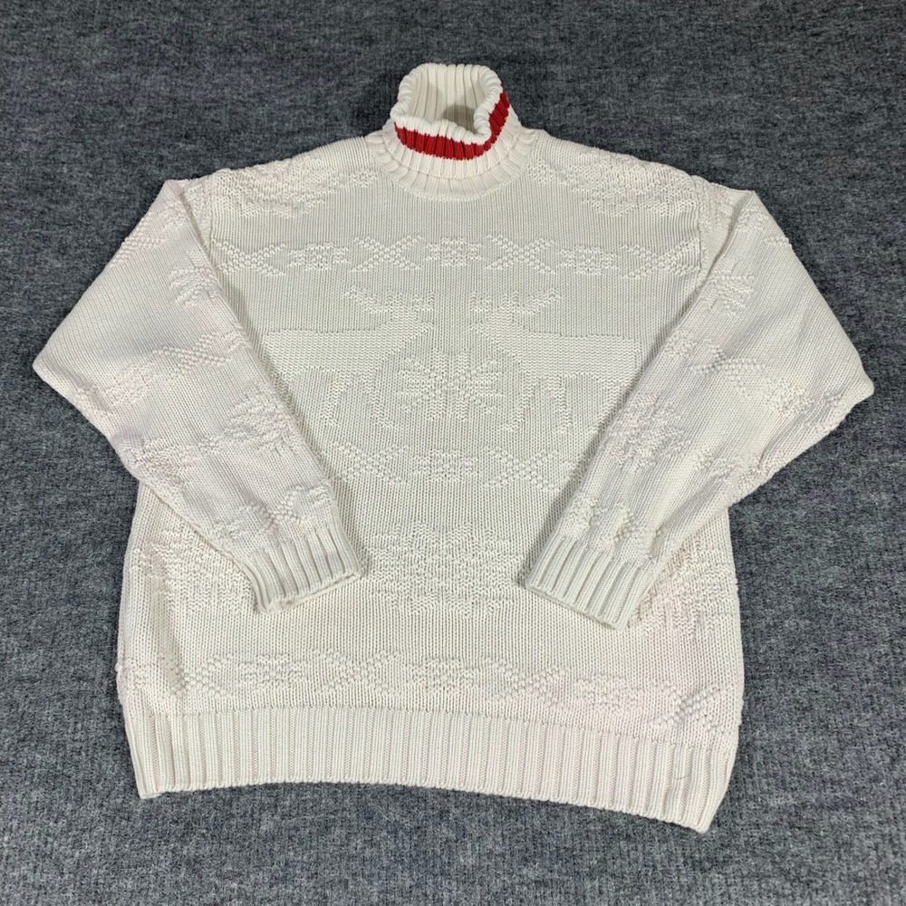 VTG Gap Sweater Mens XL Cream Reindeer Deer‎ Nordic Snowflake Turtleneck Cotton